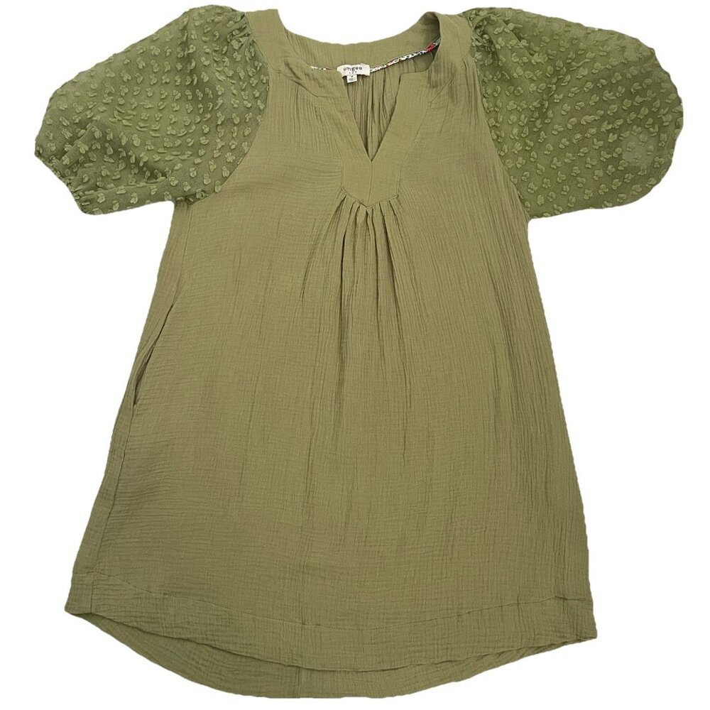 NEW Umgee Olive Green Mini Dress Puff Sleeve Swiss Dot MEDIUM Boho - Picture 5 of 15